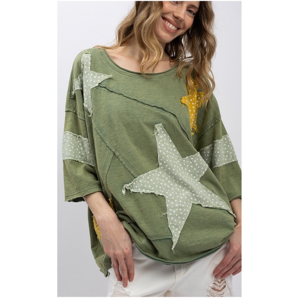 Bluevelvet Olive Green Raw Detail Star Patch Loose Fit Short Sleeve Top - Picture 1 of 10